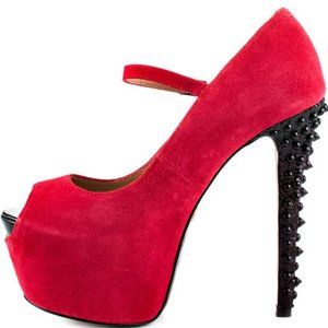 BETSEY JOHNSON "Bell" Suede Platform Heels Spiky Embellished Peep Toe Red Sz 10